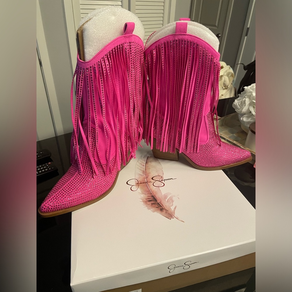 Brand new never worn Jessica Simpson hot pink fringe boots